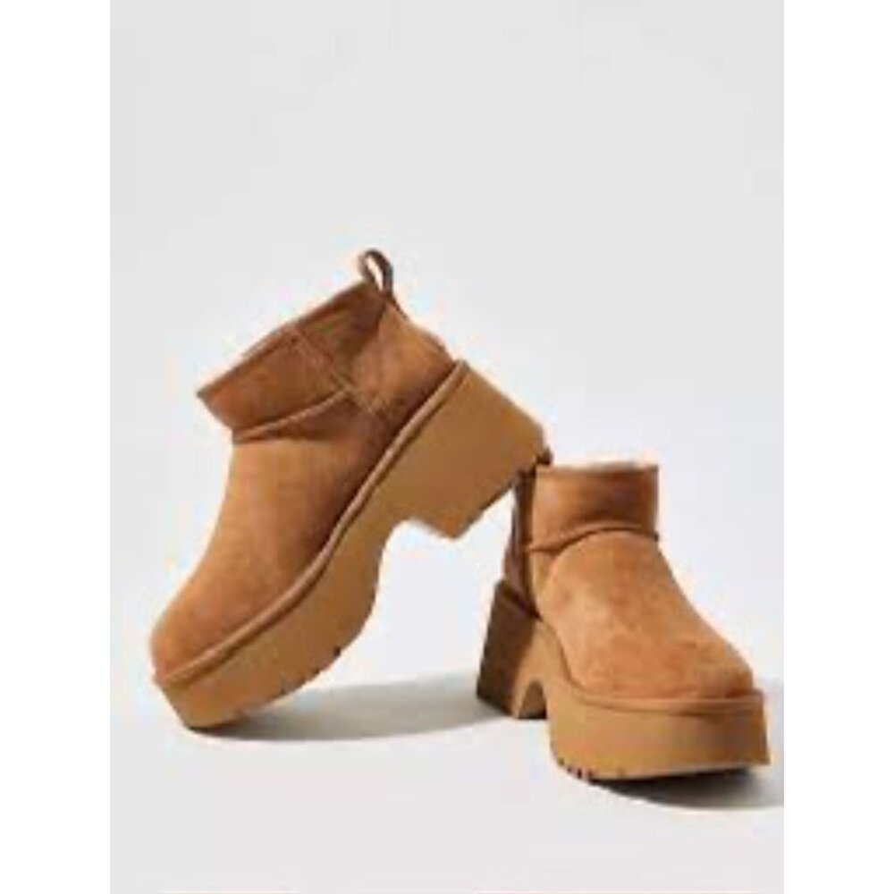 UGG Classic Ultra Mini New Heights Tan Suede Ankle Boots with Faux Fur Lining
